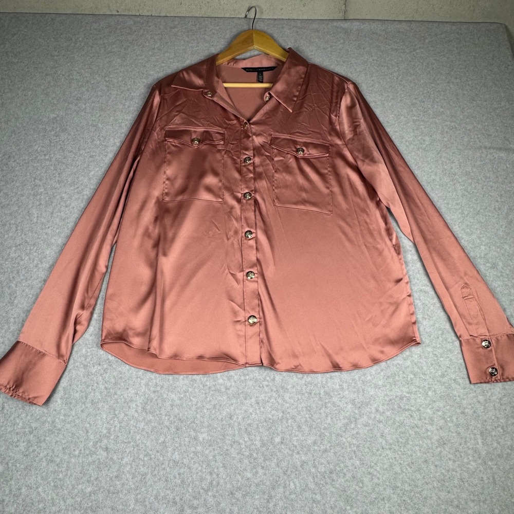 White House Black Market Rose Gold Satin Button Down Blouse Large Long Sleeve